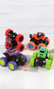 Set of 4 friction powered 4WD monster trucks with big rubber tires and shock springs