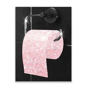 Detail of pink glitter toilet paper roll on black metal holder for bathroom wall art