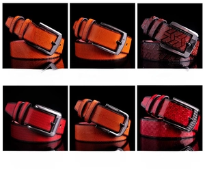 Detail showing various embossed patterns and textures on colorful leather belts