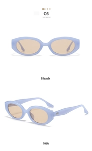 Detailed front and side views of vintage oval translucent blue frames with amber lenses