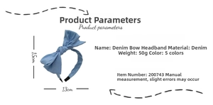 Detailed view of denim bow headband showing 15x13cm dimensions and five color options