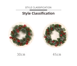 Comparison of 30cm and 45cm snowy Christmas wreaths with pine cones and red berries