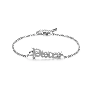 Macro shot of silver stainless steel Pisces zodiac anklet with secure lobster clasp