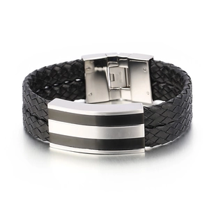 Men's double-layered braided leather bracelet with striped stainless steel magnetic clasp