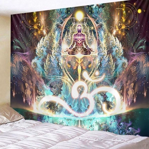 Psychedelic Buddha meditation tapestry with purple and gold galaxy patterns for bedroom walls