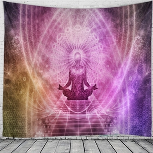 Detail of meditation wall tapestry with purple mandala and sacred geometry design