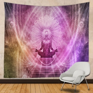 Modern living room wall with a meditative Buddha tapestry featuring a purple mandala design