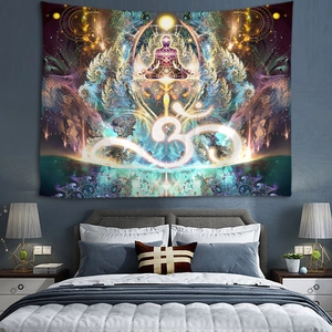 Abstract skull mountain tapestry with zen meditation Om symbol for bedroom wall decor