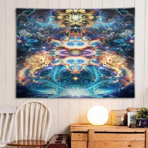 Detail of psychedelic mandala wall tapestry in gold and blue within a modern room