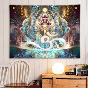 Detailed view of Om symbol tapestry with spiritual meditation figure on a wooden wall