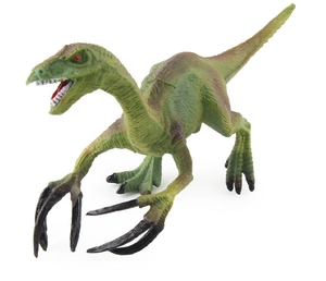 Close-up of green Therizinosaurus dinosaur model with sharp black claws and back texture