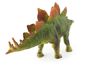 Detailed view of Stegosaurus toy with green skin scales and orange dorsal plates
