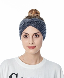 Close-up of a dark grey chunky knit headband worn by a model for winter warmth