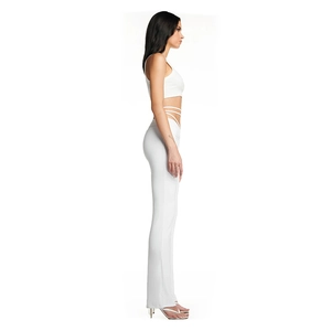 Detail view of white two-piece set featuring side cutout waist and lace-up high waist pants