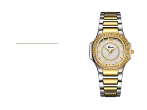Detail of crystal-encrusted bezel and silver-gold tone strap on women's quartz watch