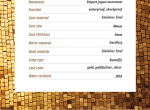 Detailed spec sheet showing 30M waterproof and quartz movement for women's gold watch