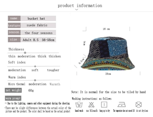 Detailed dimension guide for the vintage patchwork suede bucket hat with sizing specs