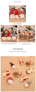 Detailed close-up of decorative Christmas wooden clips with reindeer and gnome designs