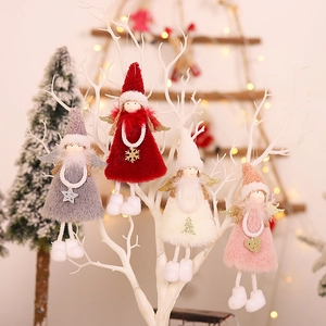 Christmas Angel Doll Pendant Plush Knit Fabric Hanging Ornament With Faux Feather Wings Dangle Legs For Holiday Tree Decor