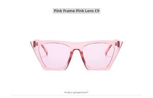 Detailansicht der pinkfarbenen quadratischen Cat-Eye-Sonnenbrille mit rosa Rahmen