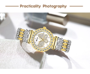 Dettaglio macro di un orologio al quarzo di lusso con quadrante a farfalla e maglie brillanti