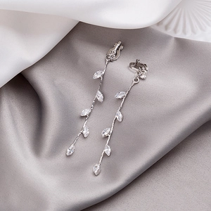Elegant Leaf Shape Long Tassel Ear Clips Silver Tone Alloy Marquise Cubic Zirconia Non Pierced Jewelry For Women