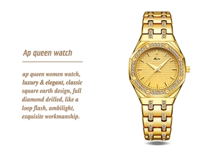 Detailed view of women's gold quartz watch with diamond-set bezel and octagonal dial case