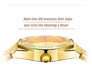Detailed side view of golden lady watch with diamond-set bezel and textured yellow dial