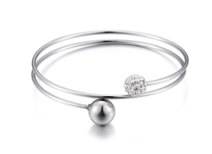 Elegant silver-tone double-layer titanium steel open bangle with pavé crystal sphere