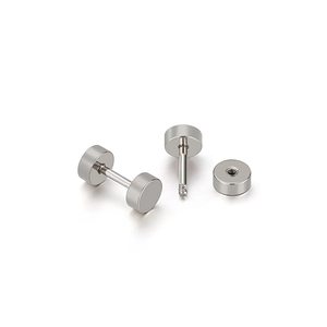 Minimalist silver screw thread barbell earrings in polished stainless steel for ear piercing