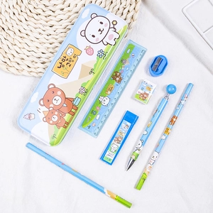Blue cartoon stationery set with pencil box, ruler, pencils, and sharpener for kids