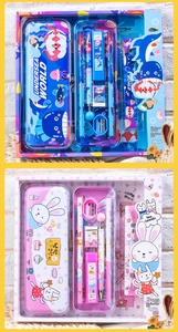 Vertical top view of cute undersea world stationery set with pencil case and accessories