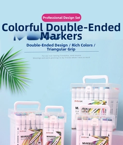 Dual-tip markers with triangular barrels in 36-color set inside a clear portable case