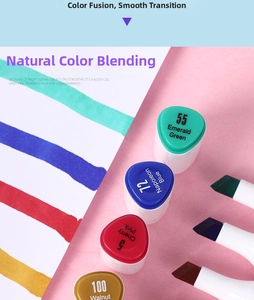 Macro detail of dual-tip markers with color-coded caps and ergonomic triangular barrel