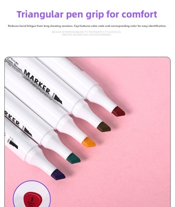 Detail of dual-tip triangular markers with broad and fine nibs on a pink background