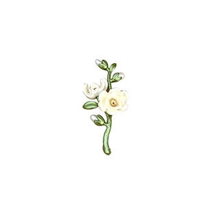 Vintage enamel camellia brooch with baroque freshwater pearls and green leaf detail