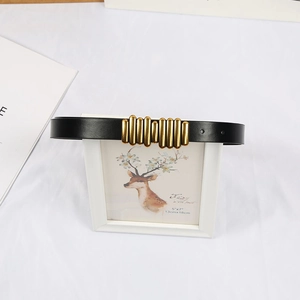 Detail of a thin black leather belt featuring a textured golden columnar buckle on a frame