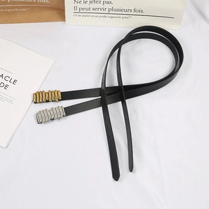 Minimalist slim leather belts with gold and silver snap buckles for women fashion