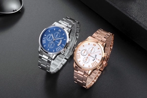 Detail of YOLAKO quartz watches featuring three-dial display and steel strap in luxury style