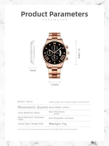 Detailed size chart for quartz watch with stainless steel band and alloy case dimensions