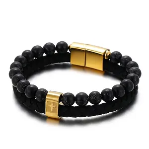 Men Double Layer Bracelet 316L Stainless Steel Cross Charm Braided Leather Marble Pattern Beads Punk Jewelry For Him