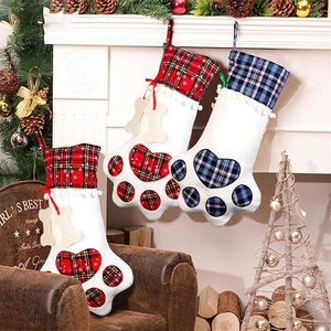 Pet Paw Bone Christmas Stockings Burlap Plaid Plush Hanging Gift Bags Fireplace Decor Holiday Party For Pet Lovers