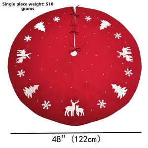 Detail of red 48-inch Christmas tree skirt with white reindeer and 510g weight display