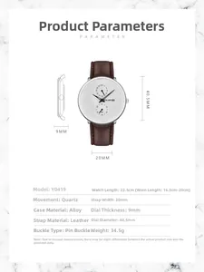 Spécifications détaillées de la montre à quartz YOLAKO pour homme avec bracelet cuir