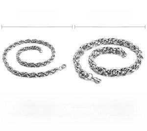 Detail view of 7mm and 10mm stainless steel rope chains with size and weight specs