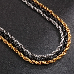 Three-color twisted rope chain necklaces in gold, silver, and black titanium steel