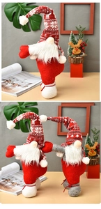 Detail of Christmas gnome curtain tiebacks made of red and grey knitted fabric for holiday decor