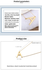 Dimensions détaillées du collier pendentif lettre A en acier doré avec spécifications