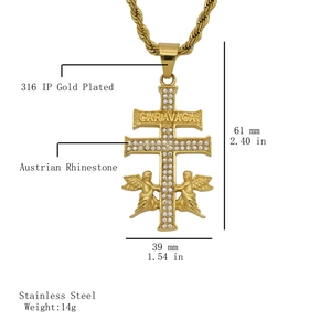 Detailed specs of hip hop angel cross pendant in 316 IP gold plated stainless steel