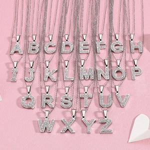 Alphabet Pendant Necklace Stainless Steel Full Cubic Zirconia A-Z Letter Iced Out Fashion Jewelry For Women